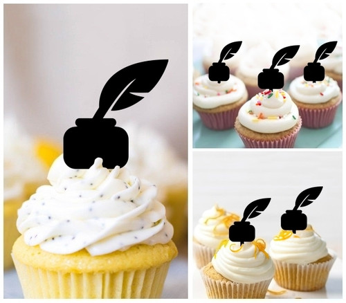 TA1126 Inkwell Feather Pen Cupcake Toppers Acrylique De Mariage Joyeux anniversaire pour Gâteau Partie Décoration 10 Pièces