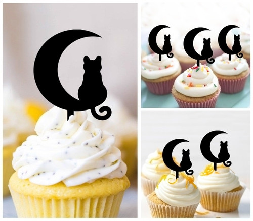 TA1176 Cat on the Moon Cupcake Toppers Acrylique De Mariage Joyeux anniversaire pour Gâteau Partie Décoration 10 Pièces