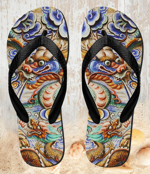 FA0293 Traditional Chinese Dragon Art Tongs Sandales Slipper été Plage Flip Flops Unisex