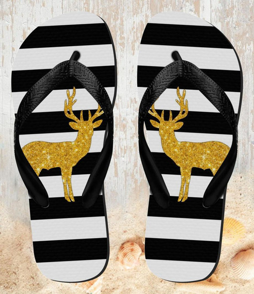 FA0350 Black and White Striped Deer Gold Sparkles Tongs Sandales Slipper été Plage Flip Flops Unisex