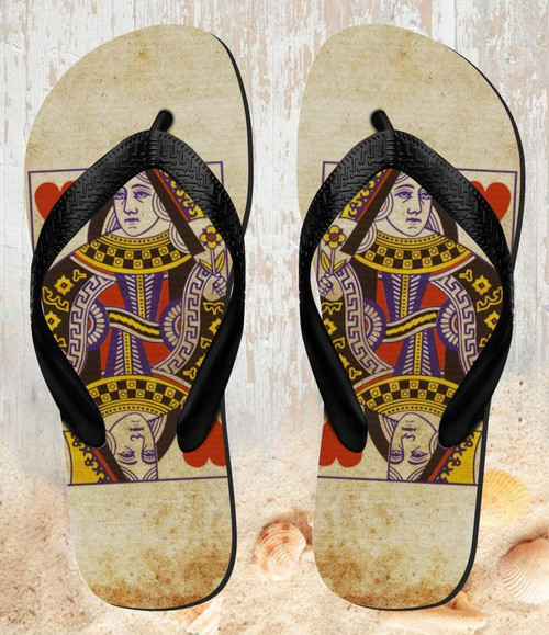 FA0360 Poker Card Queen Hearts Tongs Sandales Slipper été Plage Flip Flops Unisex