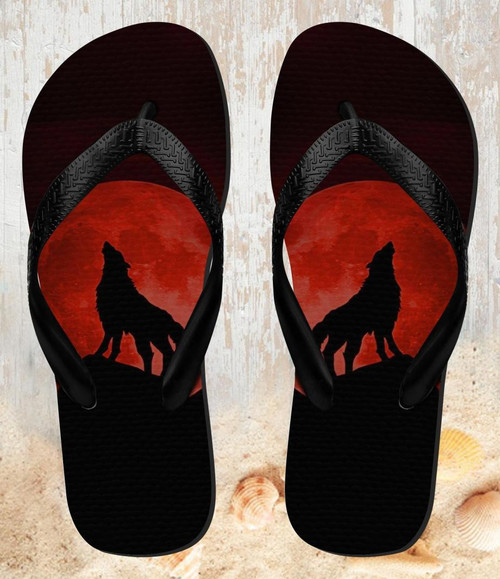 FA0414 Wolf Howling Red Moon Tongs Sandales Slipper été Plage Flip Flops Unisex