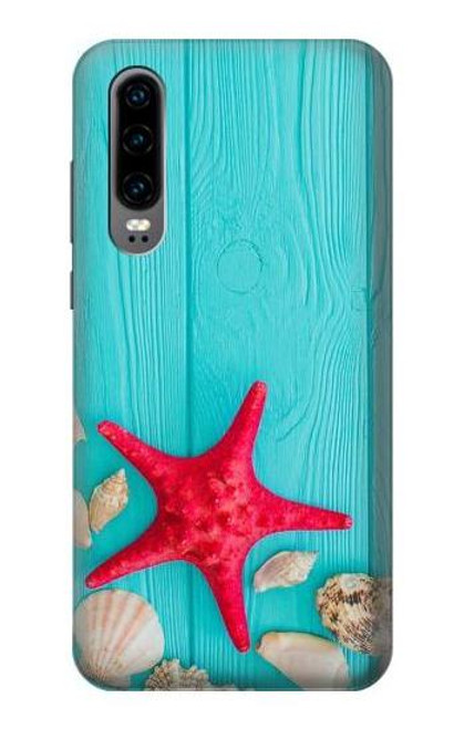 S3428 Aqua Wood Starfish Shell Etui Coque Housse pour Huawei P30