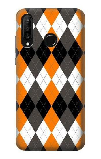 S3421 Black Orange White Argyle Plaid Etui Coque Housse pour Huawei P30 lite
