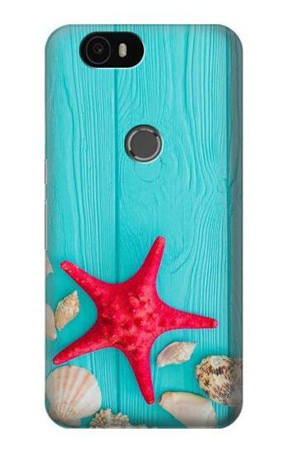 S3428 Aqua Wood Starfish Shell Etui Coque Housse pour Huawei Nexus 6P