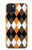 S3421 Noir Orange Blanc Argyle Plaid Etui Coque Housse pour iPhone 15 Plus