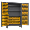 Heavy Duty Cabinet, 14 Gauge, 48 x 24 x 78, 3 Adjustable Shelves, 137 Yellow Bins, Flush Doors, Lockable, Chrome Handle with Keys, Gray