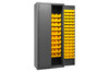 Cabinet, 16 Gauge, 36 x 18 x 84, 156 Yellow Bins, Flush Doors with Louvered Panel, Lockable, Chrome Handle with Keys, Gray