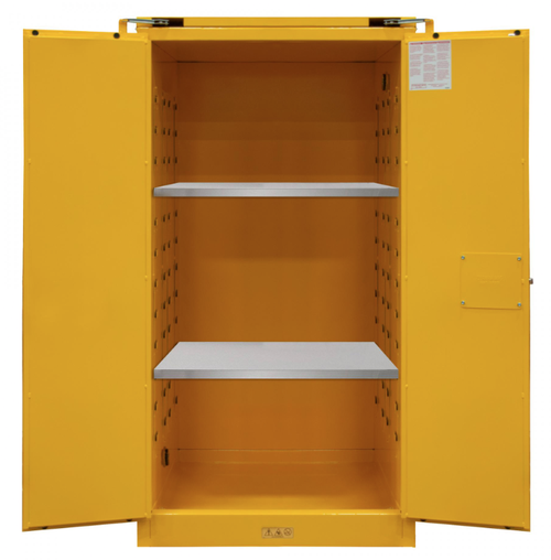 FM Approved, Flammable Storage Cabinet, 60 Gallon, 2 Doors, Self Close, 2 Shelves, Safety Yellow