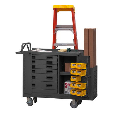 14 Gauge, Lockable, Maintenance Cart, With 9 Yellow Hook-On Bins, 1 Shelf, 6 Drawers, Tubular Push Handle, 1-1/2 Back Lip Up, Padlockable Door, Ladder Hanger, Gray