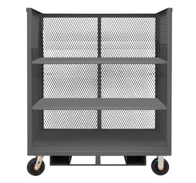 3 Sided Mesh Truck With 6" x 2" Polyurethane Casters, (2) Rigid, (2) Swivel, 3 Shelves And Forklift Pockets, Assembled, Gray
