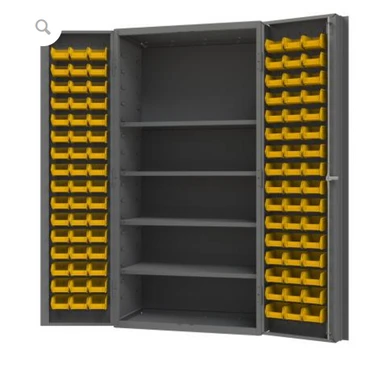 Heavy Duty Cabinet, 14 Gauge, 36 x 24 x 72, 4 Adjustable Shelves, 96 Yellow Bins, 4" Deep Box Doors with Louvered Panel, Lockable, Chrome Handle with Keys, Gray