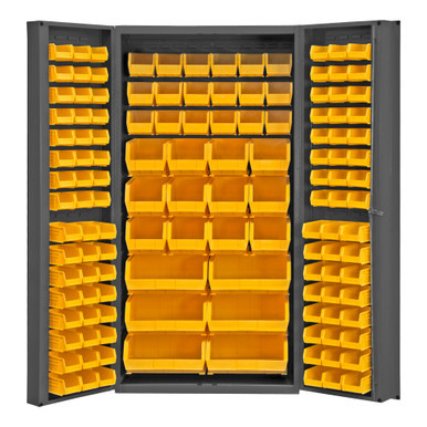 Heavy Duty Cabinet, 14 Gauge, 36 x 24 x 72, 132 Yellow Bins, 4" Deep Box Doors with Louvered Panel, Lockable, Chrome Handle with Keys, Gray
