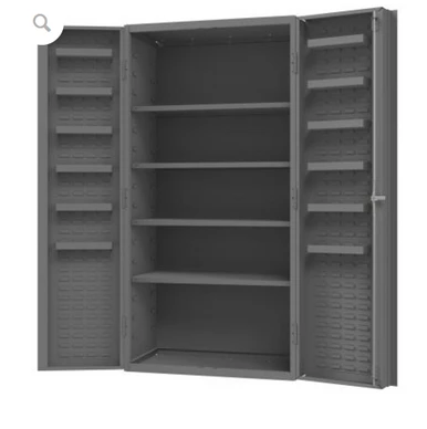 Heavy Duty Cabinet, 14 Gauge, 36 x 24 x 72, 4 Adjustable Shelves, 4" Deep Box Doors with Louvered Panel, 12 Door Shelves, Lockable, Chrome Handle with Keys, Gray