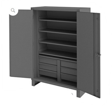 Extra Heavy Duty Cabinet, 12 Gauge, 48 x 24 x 78, 4 Slide-Out Shelves, Recessed Door with Pegboard, 6 Drawers, Cast Iron Pad-lockable Handle, Gray