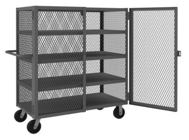 Security Mesh Truck, 24 x 48, 6" x 2" Phenolic Casters, (2) Rigid, (2) Swivel, 4 Fixed Shelves, Tubular Push Handle And Pad-Lockable Doors, Gray