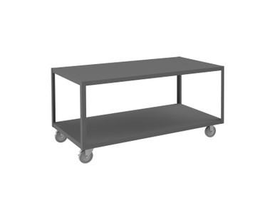 High Deck Mobile Table, 14 Gauge Steel, 2 Shelves, 30 x 60, 1200 lbs. Capacity, 5" x 1-1/4" Polyurethane Casters - (2) Rigid, (2) Swivel with Side Brakes, Gray