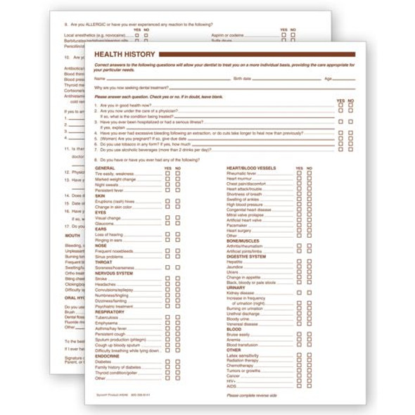 Dental Health History Questionnaires, 2 Sided, No Hole Punch