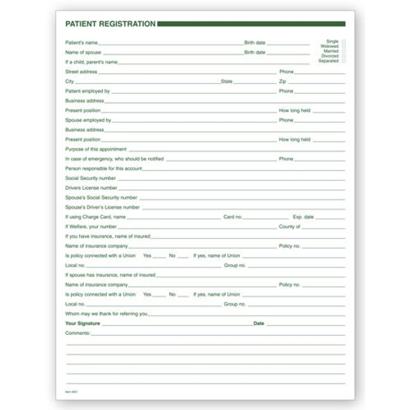 Dental Patient Registration Forms, 1 Sided, No Hole Punch