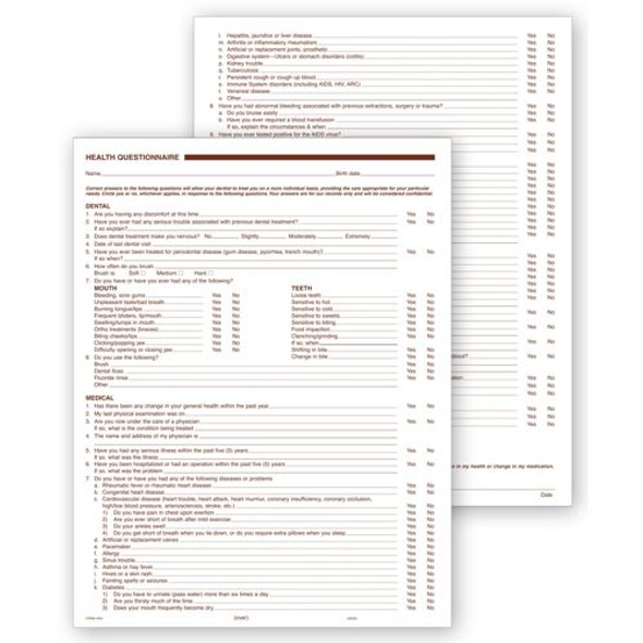 Dental Health History Questionnaires, 2 Sided, No Hole Punch