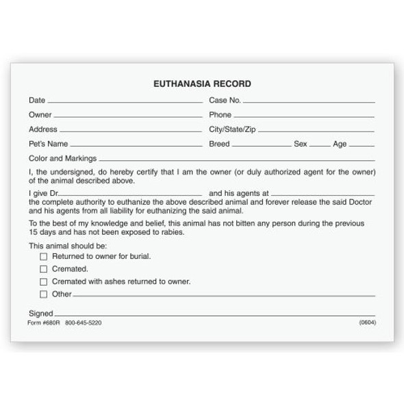 Veterinary Euthanasia Record Form Pads of 100 sheets