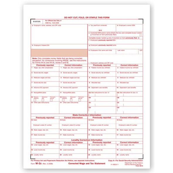 Laser W-2C Corrected Wage & Tax Statement, SSA Copy A