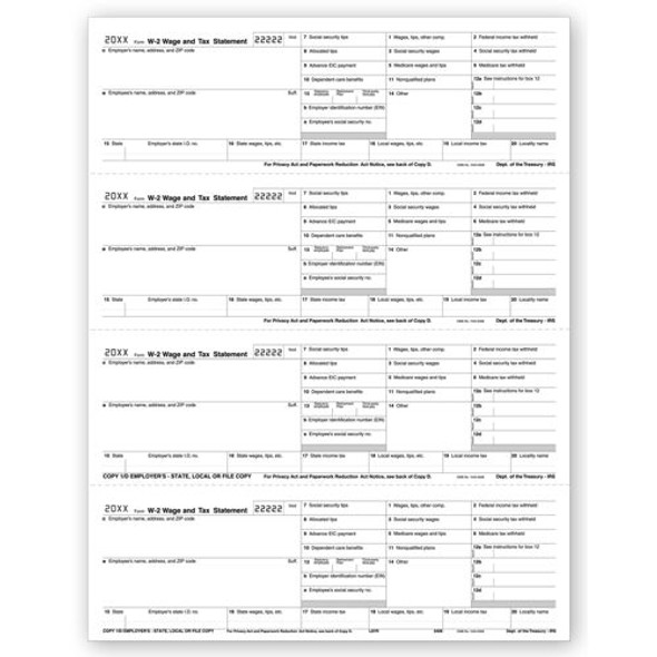 4-Up Laser W-2, Employer Copy, Horizontal Format, Bulk