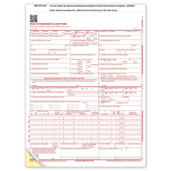 CMS-1500 Two-Part Carbonless Insurance Claim Form 0212