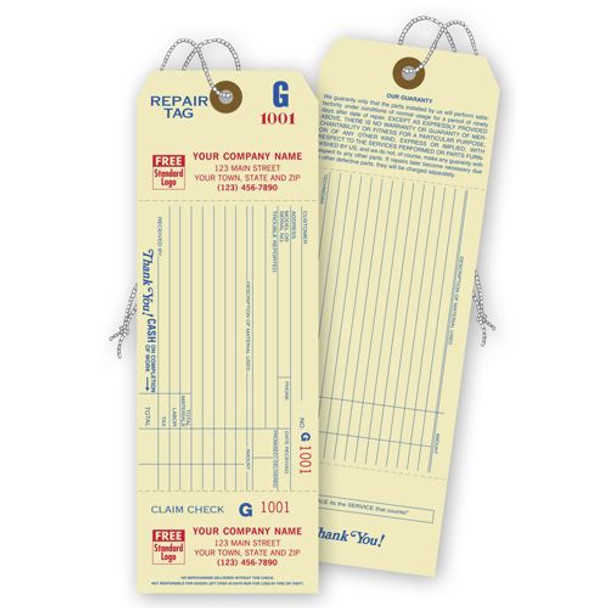 Repair Tags w/ Detachable Claim Check, 1 Part, Manilla