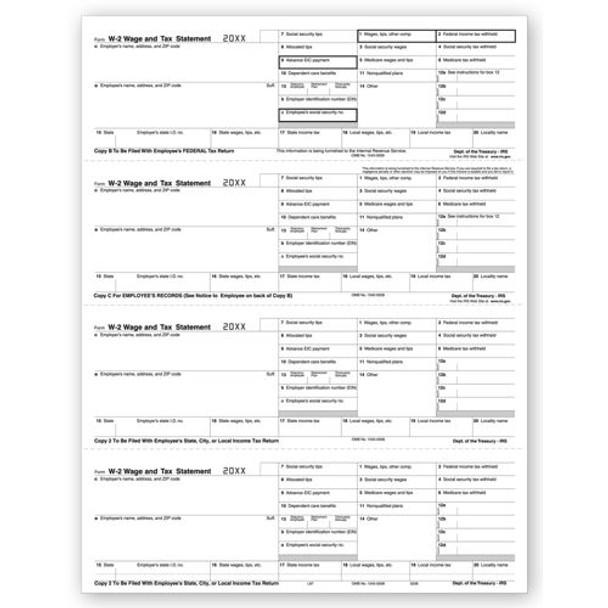 4-Up Laser W-2, Employee Copy, Horizontal Format, Bulk