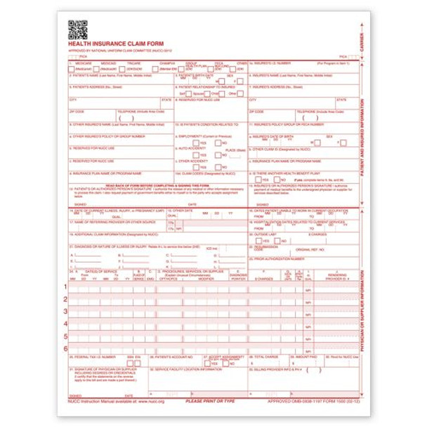 CMS-1500 Laser Sheet Insurance Claim Form, Version 02/12