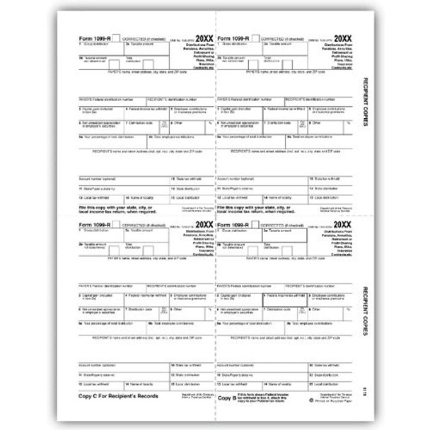 4-Up Laser 1099-R, Recipient Copy B, C, 2, Bulk