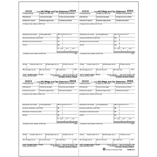 4-Up Laser W-2, Employer Copy, W-Style, Bulk