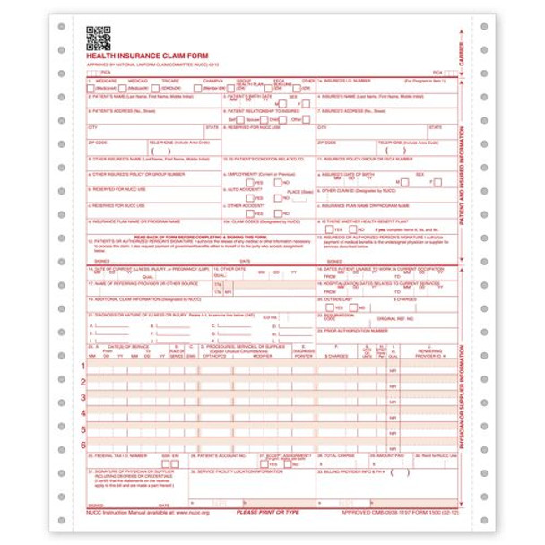 CMS-1500 One-Part Continuous Insurance Claim Form 0212
