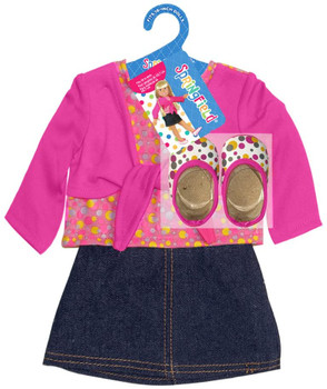 THE SPRINGFIELD COLLECTION DENIM SKIRT OUTFIT, PINK SHIRT, AND POLKA DOT SHOES