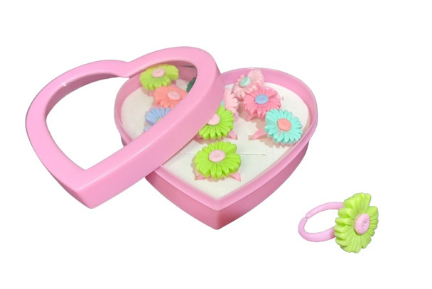 GIRLS PINK HEART SHAPED BOX WITH FLOWER RINGS 10 PC