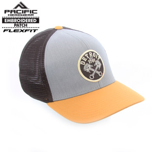 Detroit Crossed Pistons Gray Tan Flex-Fit Pacific Fusion Trucker Cap