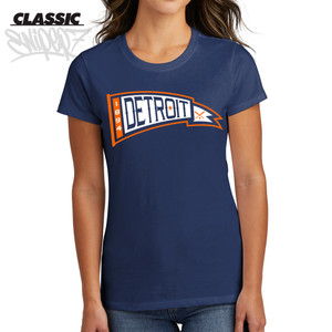 Detroit Vintage Baseball Pennant Navy Classic Ladies T-Shirt