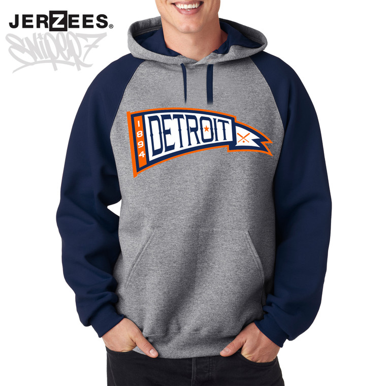 Detroit Vintage Baseball Pennant Navy Jerzees Raglan Hoodie