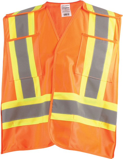 CSA APPR. POLYEST. TRAFFIC VEST, HI-VIS ORANGE, 4" WIDE 360° HRZ. STRIPES, 2 VRT. STRIPES, X IN BACK – 2XL/3XL