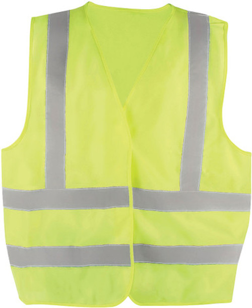 CSA APPR. POLYEST. TRAFFIC VEST, HI-VIS YELLOW-GREEN, 2" WIDE 360° HRZ. STRIPES, 2 VRT. STRIPES, X IN BACK – 4XL/5XL