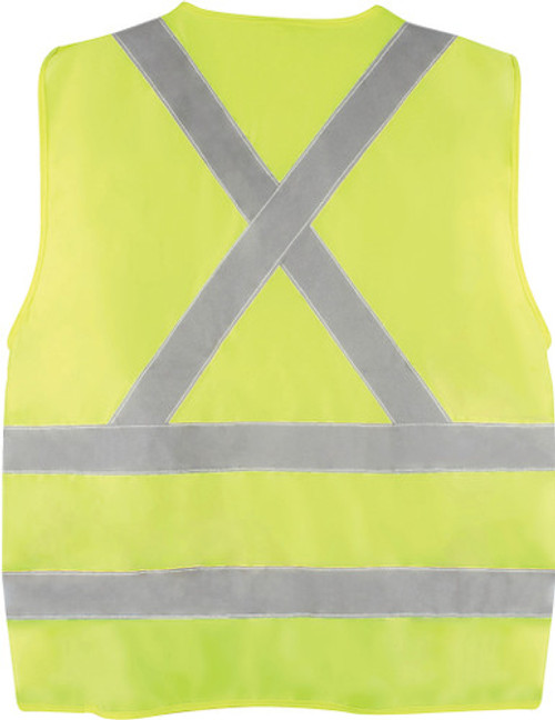 CSA APPR. POLYEST. TRAFFIC VEST, HI-VIS YELLOW-GREEN, 2" WIDE 360° HRZ. STRIPES, 2 VRT. STRIPES, X IN BACK – XL