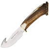 MU228 9.13" (23.19cm) overall. 4.25" (10.8cm) satin finish X50CrMoV15 stainless guthook blade. Crown stag handle. Stainless guard. Brown leather belt sheath.