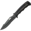 SOGSS1003CP 9 5/8" overall. 4 7/8" AUS-8 stainless partially serrated blade with black TiNi finish. Full, extended tang with strike end. Textured black glass reinforced nylon handles with black finish stainless inlay trim. Deluxe edition black hard molded nylon belt sheath with integrated line cutter with cover, built-in sharpener, and built-in ferrochromium firestarter rod.