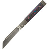JW54396 4.13" (10.49cm) closed. 3.38" (8.59cm) satin finish S90V steel reverse tanto blade. Miami camo carbon fiber handle. Titanium bolster(s). Pocket clip. Dark blue anodized titanium backspacer.