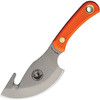 KOA00033FG 7.5" (19.05cm) overall. 3.5" (8.89cm) bead blast finish D2 tool steel guthook blade. Orange SureGrip handle. Full tang. Lanyard hole. Brown leather belt sheath.