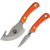 KOA00034FG Bead blast finish D2 tool steel blade. Orange SureGrip handle. Full tang. Lanyard hole. Includes: 7.5" overall Light Hunter with 4" guthook blade; 6.75" overall Cub with 3" blade. Brown leather belt sheath.
