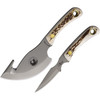 KOA00013FG Bead blast finish D2 tool steel blade. Stag bone handle. Full tang. Lanyard hole. Includes: 7.5" overall Light Hunter with 4" guthook blade; 6.75" overall Cub with 3" blade. Brown leather belt sheath.
