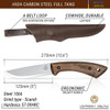 BVRBSH1 10.63" (27cm) overall. 5" (12.7cm) satin finish Scandi grind 1066 carbon steel blade. Walnut handle. Full tang. Lanyard hole. Brown leather belt sheath.