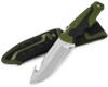 BU657GRG 9.5" overall. 4.5" satin finish 420HC stainless guthook blade. Black glass filled nylon handle with green Versaflex onlay. Full tang. Lanyard hole. Black polyester belt sheath.